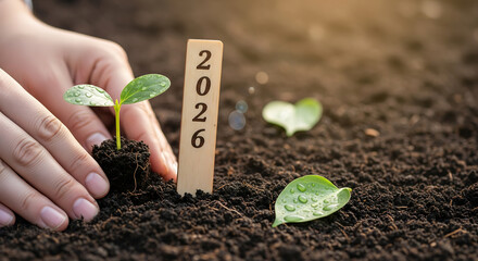 Planting a seedling in soil with year 2026 marker for future growth