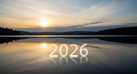 Year 2026 on water at sunset with reflection