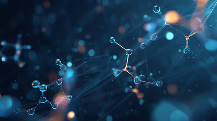 Abstract image of connected molecules with blue and orange highlights on dark background