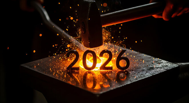 Fiery 2026 year engraved on metal with sparks flying abstract