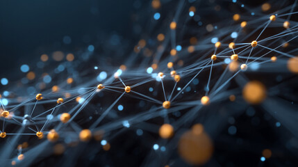 Abstract network of connected orange and blue spheres with connecting lines design