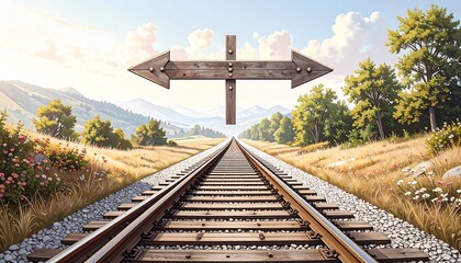 Wooden signpost, railroad tracks, nature
