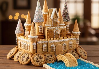 Elaborate gingerbread castle decorated with icing, cookies, and candy, surrounded by chocolate chip cookies and blue jelly