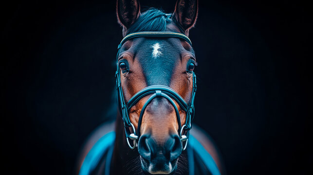 Elegant head-on studio portrait of majestic bay horse with white star, adorned in detailed black and crystal bridle, against deep, dark, and subtly reflective background