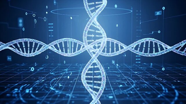 Animated Blue DNA Double Helix Structure Over Grid Background with Data Stream - Powered by Adobe