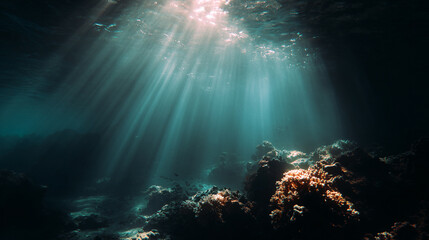 Obraz premium Sunlight piercing through the ocean water illuminating the coral reef in the deep blue sea water