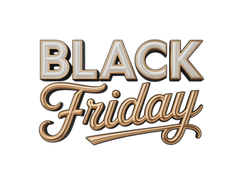 Black friday text in a 3d metallic font with a gradient of beige and brown, isolated on transparent background