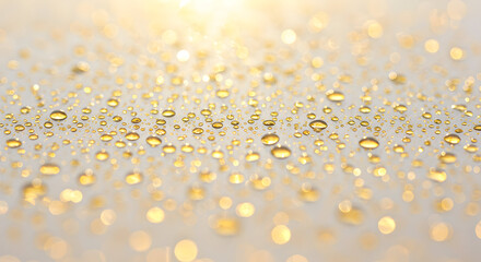 Close-Up of Gleaming Water Droplets on a Soft Golden Background with Shimmering Light
