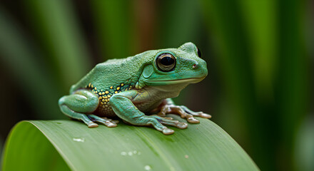 Close-Up of a Vibrant Green Frog Perched on a Leaf Surrounded by Lush Tropical Greenery