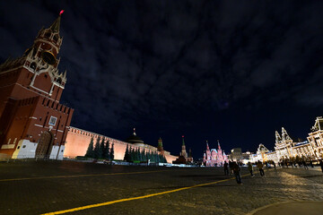 View of Red Square from Vasilievsky Spusk in Moscow in the evening.