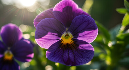 Close-Up of Vibrant Purple Pansy Flower Illuminated by Sunlight in a Blurred Green Background