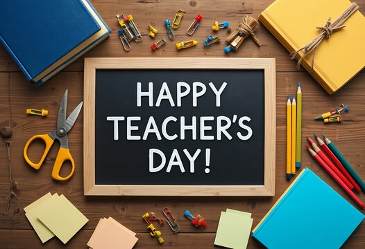 Colorful educational supplies arranged around a chalkboard celebrating teacher appreciation day