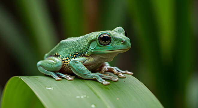 Close-Up of a Vibrant Green Frog Perched on a Leaf Surrounded by Lush Tropical Greenery