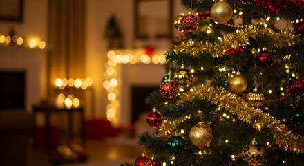Decorated Christmas Tree with Colorful Ornaments and Sparkling Lights in a Cozy Living Room