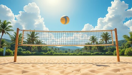 vibrant beach volleyball scene under bright sunny sky with tropical palm trees surrounding the court