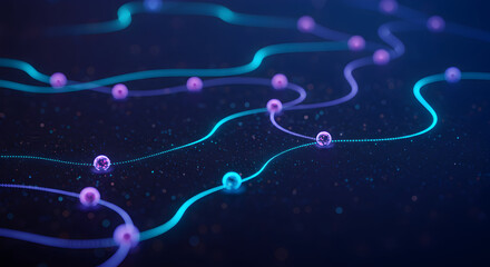 Dynamic Abstract Representation of Flowing Lines and Glowing Spheres Against a Dark Background