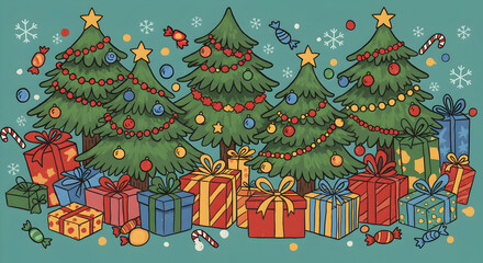 Festive Christmas Trees Surrounded by Colorful Presents in a Joyful Holiday Scene