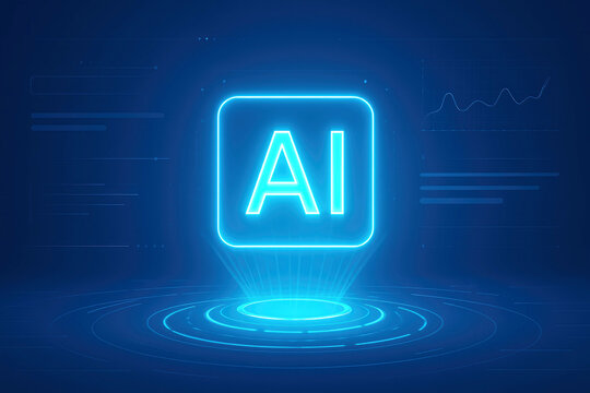 Holographic AI symbol glowing above a digital projection circle with data streams artificial intelligence