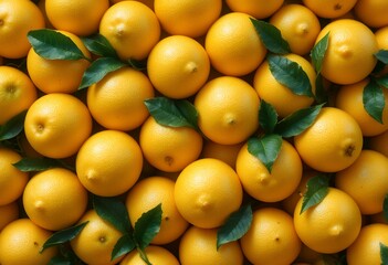 fresh ripe oranges with green leaves closely packed creating vibrant natural pattern