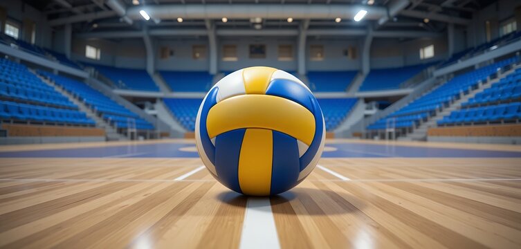 Indoor volleyball placed on polished wooden court emphasizing sports and gymnasium setting - Powered by Adobe