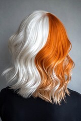 Naklejka premium Woman's short wavy hair with a dramatic split dye of platinum blonde and vibrant orange