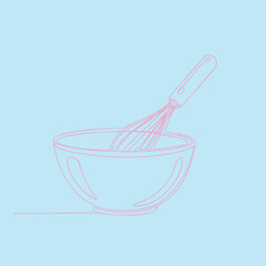 Minimalist line drawing of a mixing bowl with a whisk inside, set against a pastel blue for culinary or kitchen-themed design