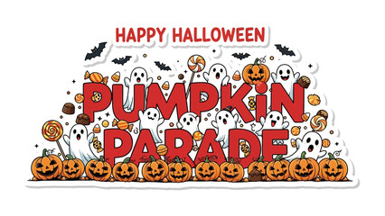 Pumpkin Parade: A colorful, fun illustration for Happy Halloween featuring a delightful pumpkin parade with cute ghosts, jack-o'-lanterns, and candies. Festive, eye-catching.