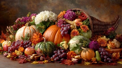 Nature's bounty: a thanksgiving arrangement. Luxury style. Elegant balance of fall decor with pumpkins and colorful leaves. Advertising photo. Concept art.