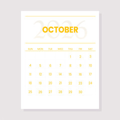 Minimal elegant 2026 October calendar vector design with gold lines and modern serif typography, luxury white marble style for print, office planner, and digital template design