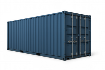 Shipping container, blue metal cargo freight box, industrial logistics transport, global trade delivery, isolated transparent background