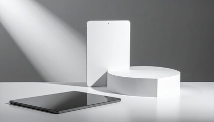 Fototapeta premium Monochromatic Still Life with Geometric Forms Under Dramatic Lighting Displaying Shadows and Reflections