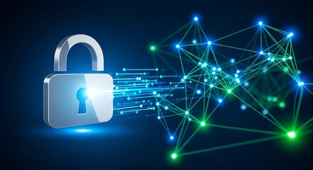 Metallic padlock protecting digital network with glowing lines and connected nodes on dark blue backdrop. Concept for data protection, network security and digital privacy