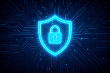 Luminous Blue Shield with Padlock Symbol on a Digital Circuit Board Pattern cybersecurity security