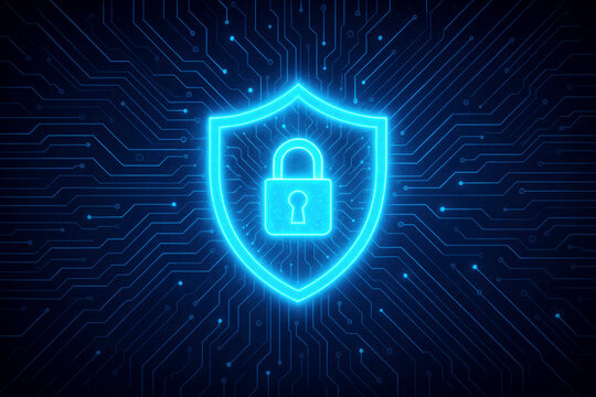 Luminous Blue Shield with Padlock Symbol on a Digital Circuit Board Pattern cybersecurity security