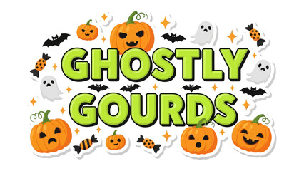 Ghostly Gourds Halloween Illustration: A whimsical Halloween illustration featuring grinning pumpkins, spectral ghosts, and playful bats, perfect for festive designs. 