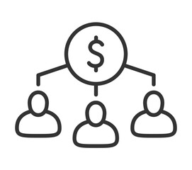 Money distribution network icon with three people and dollar sign