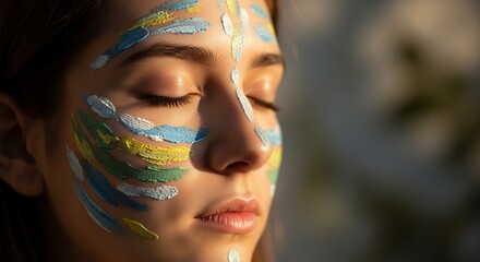 Young woman with closed eyes and artistic paint strokes on her face in sunlight, concept for beauty treatment, creative makeup, and wellness promotion