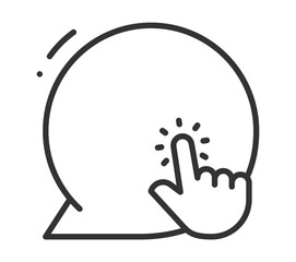 Black outline message bubble with hand icon tapping gesture