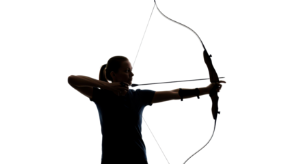 Silhouette of a woman practicing archery isolated PNG with Transparent Background