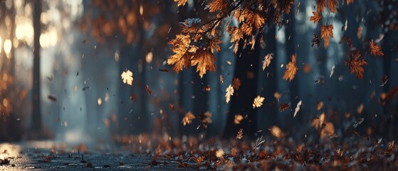 Golden carpets: a symphony of autumn leaves covering majestic forest floors. Advertising photo. Ethereal forest beauty: subtle light shining through golden autumn leaves. Edgy editorial.