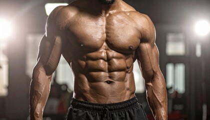 Fototapeta premium A muscular individual showcasing defined abs and upper body strength under dramatic lighting in a gym setting.