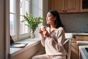 Young woman sitting by kitchen window drinking coffee in morning sunlight, cozy lifestyle scene