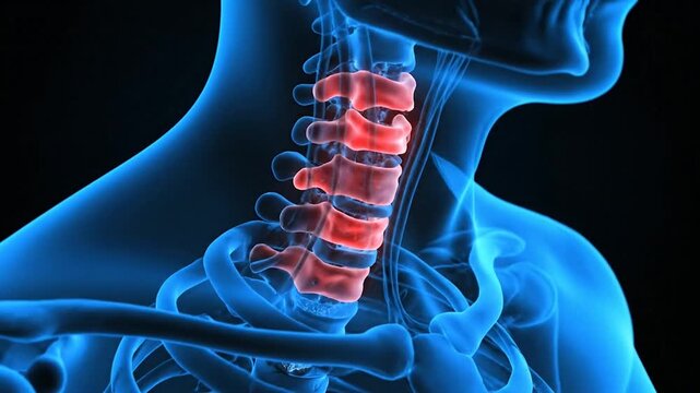 This 3D animated medical illustration shows the structure of the human neck and cervical spine with a transparent body view. Perfect for medical education, anatomy research, or health presentations.