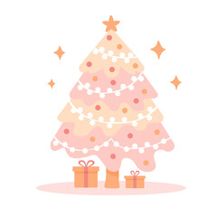 Pastel Christmas tree with gifts, stars, and garlands. Cute pink festive design perfect for Christmas holiday decor, and winter projects. Vector illustration.