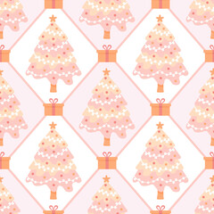 Seamless pastel Christmas tree pattern with gifts, stars, and garlands. Cute pink festive design perfect for wrapping paper, Christmas holiday decor, and winter projects
