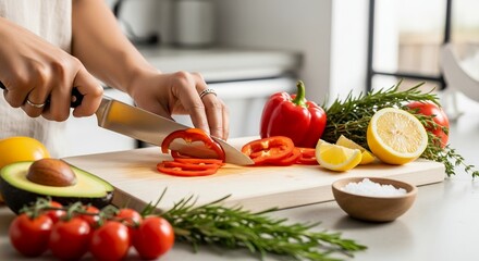 Woman cutting fresh red bell pepper on a wooden board in bright kitchen setting, concept for healthy eating, recipe creation and culinary blog content