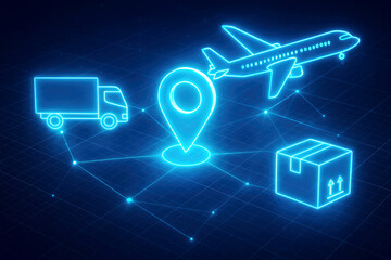 Neon blue glowing icons of airplane truck map pin and cargo box on dark grid background logistics delivery