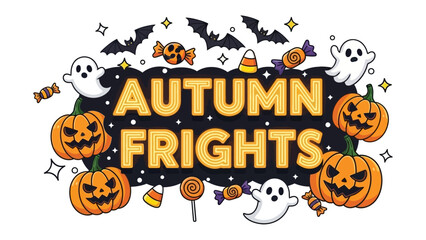 Autumn Frights Illustration: A spooky Halloween illustration filled with festive icons, from grinning jack-o'-lanterns and ghostly apparitions to candy, setting the scene for a delightful, yet eerie.