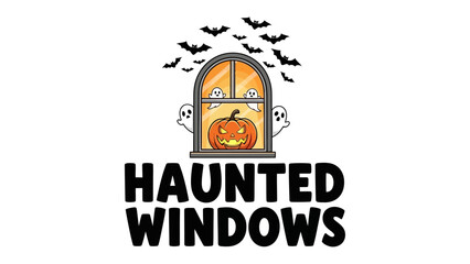 Spooky Haunted Windows: Halloween-themed artwork showcasing a haunted window scene, featuring a glowing pumpkin, playful ghosts, and a flock of bats against the backdrop of a moonlit night. 