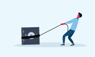 Man struggling to pull a heavy safe Vector Illustration